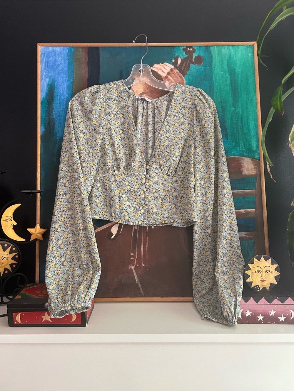 Loavies Floral Crop Top Blue Long Sleeve Tie Front Cottagecore Women Size S